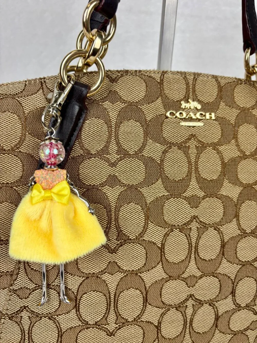 Coach Small Kelsey Satchel in Khaki Signature Jacquard, Leather Trim, Charm